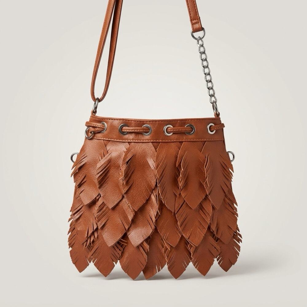 Rue21 Faux Leather Caramel Brown Crossbody Bag Hobo Bohemian Purse Handbag